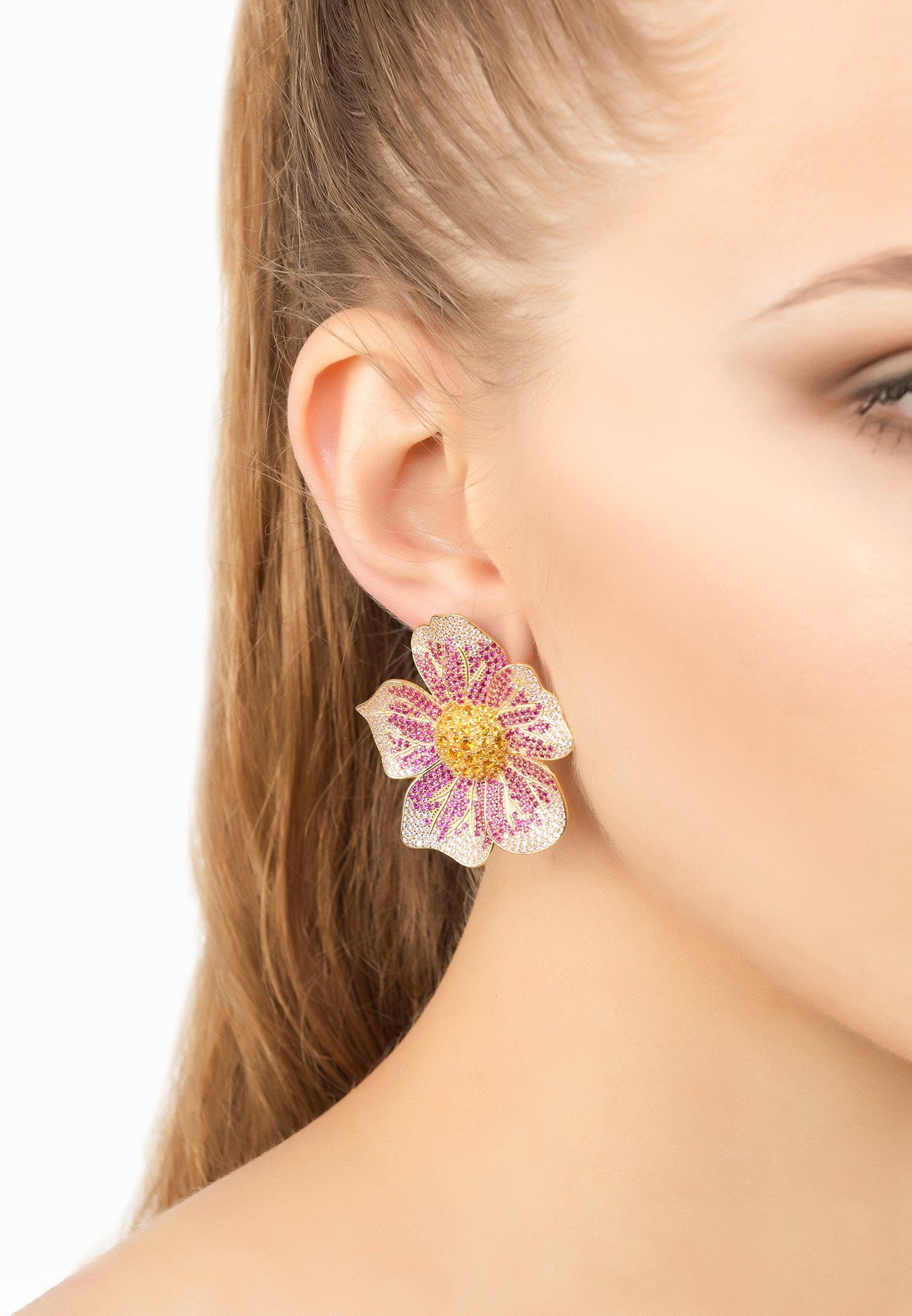 Pansy Flower Pink Earring Gold