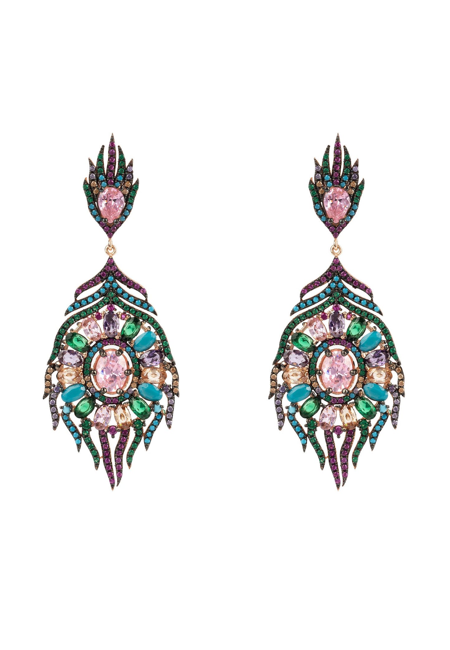 Peacock Colourful Feather Gemstone Earring Rose Gold