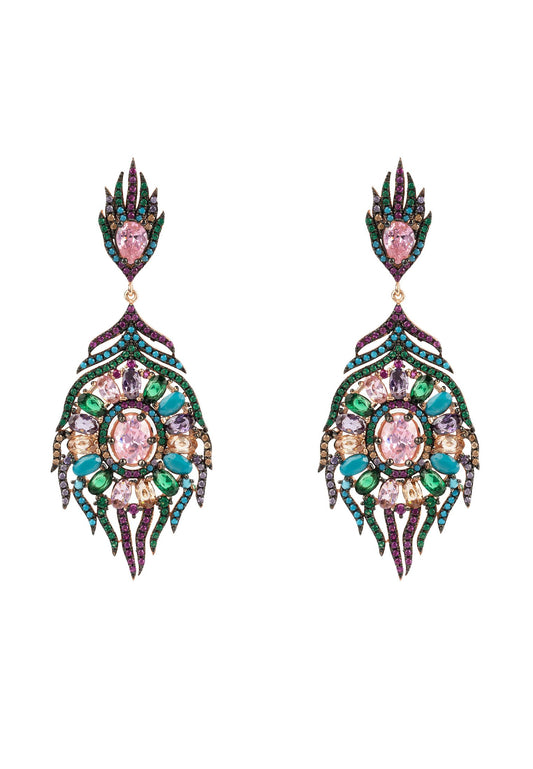 Peacock Colourful Feather Gemstone Earring Rose Gold