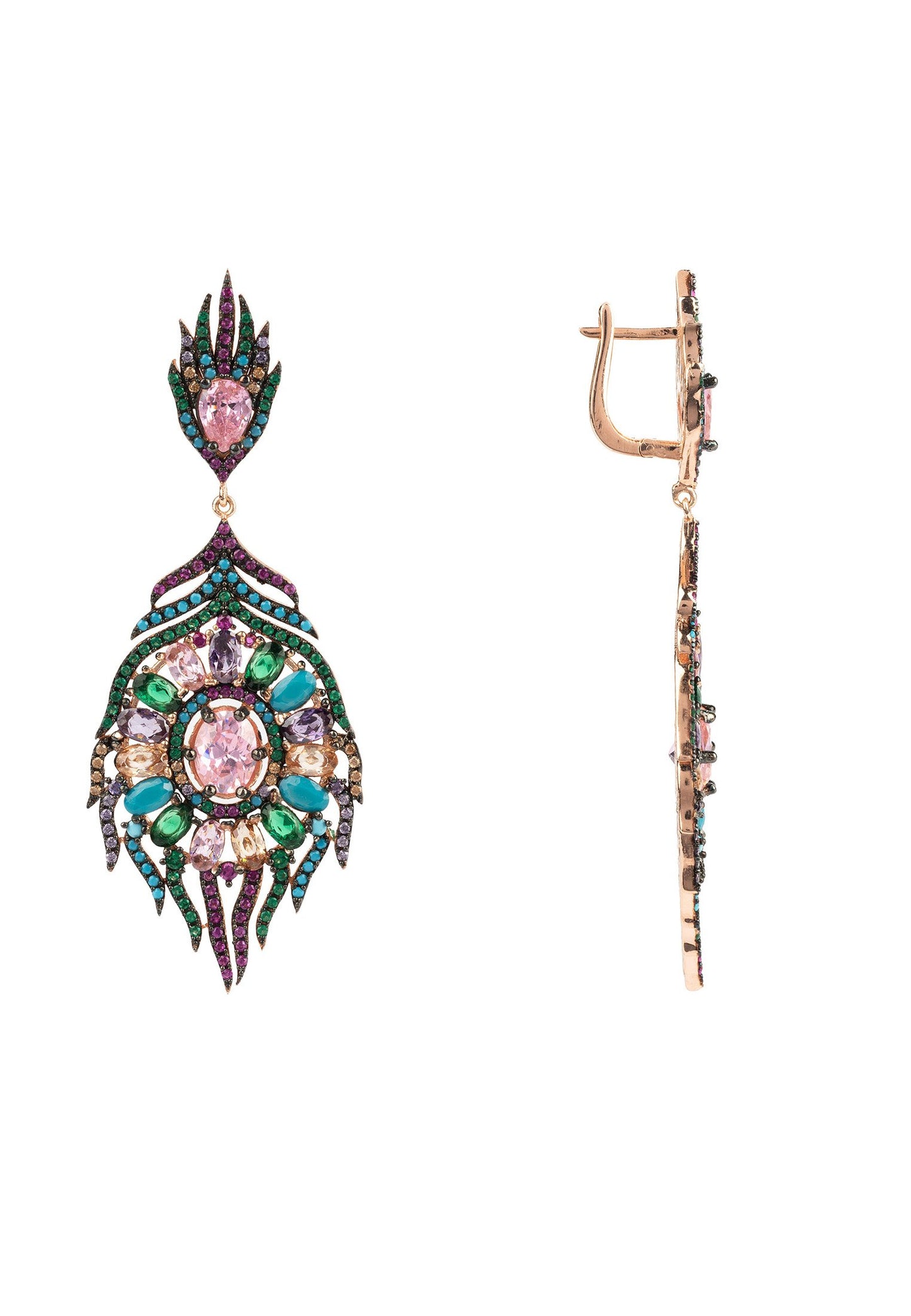 Peacock Colourful Feather Gemstone Earring Rose Gold