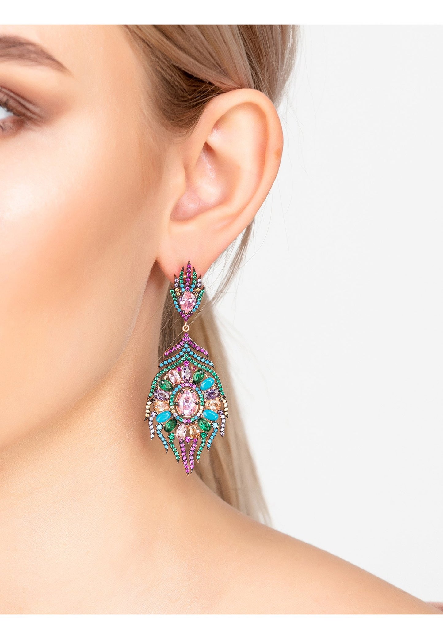 Peacock Colourful Feather Gemstone Earring Rose Gold