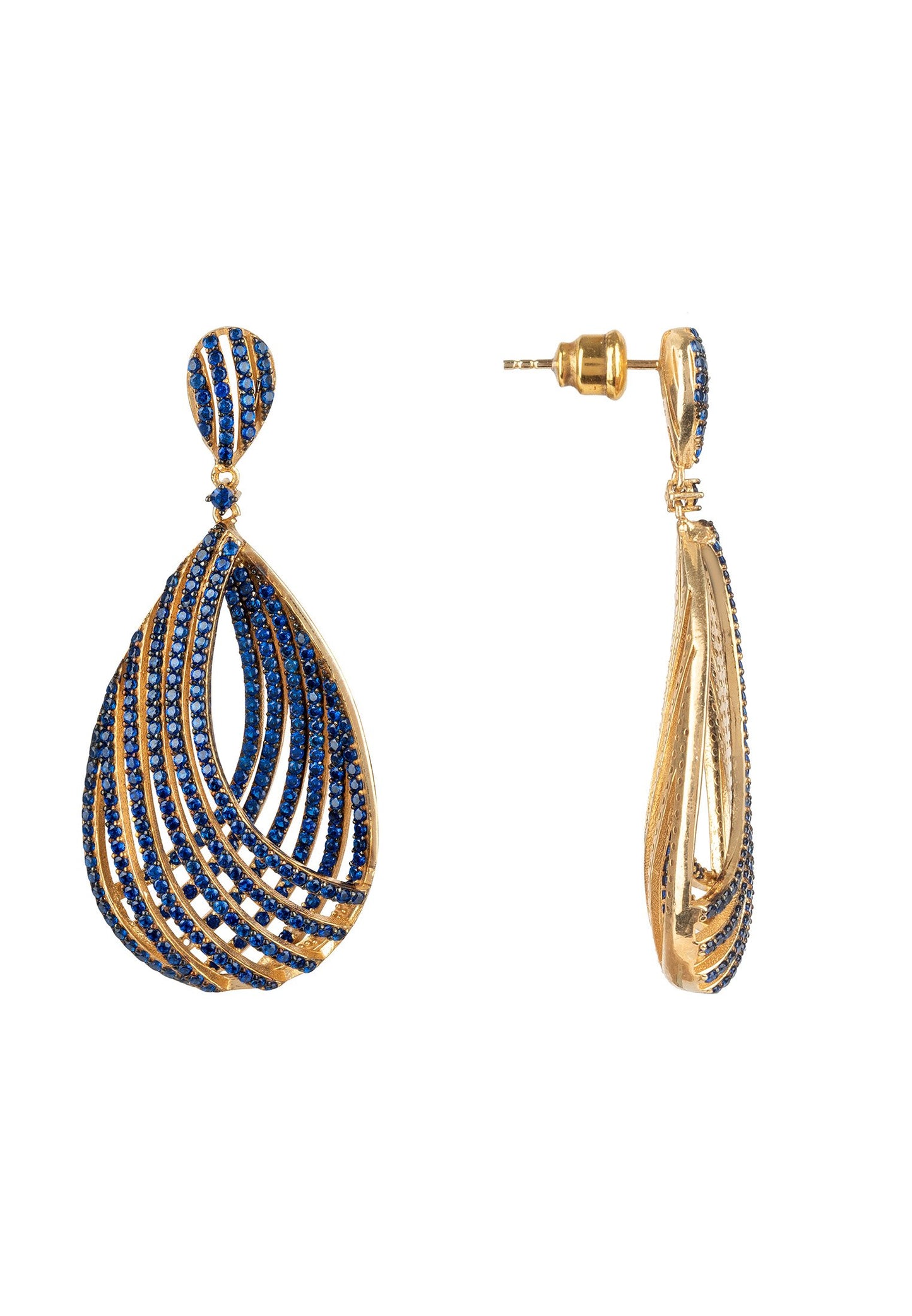 Vortex Teardrop Earring Sapphire Blue CZ Gold