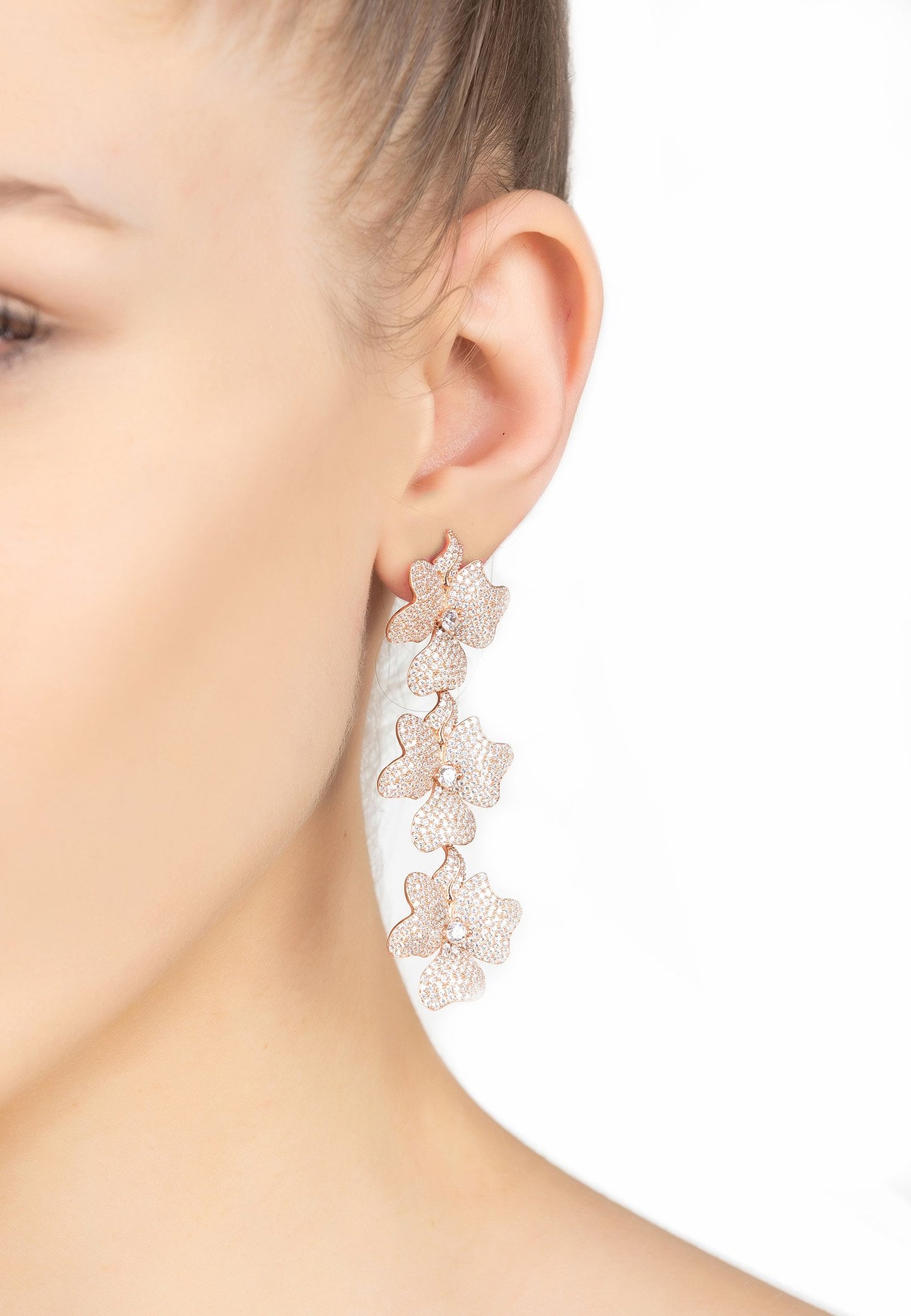 Jasmine Flower Triple Drop Earrings Rosegold