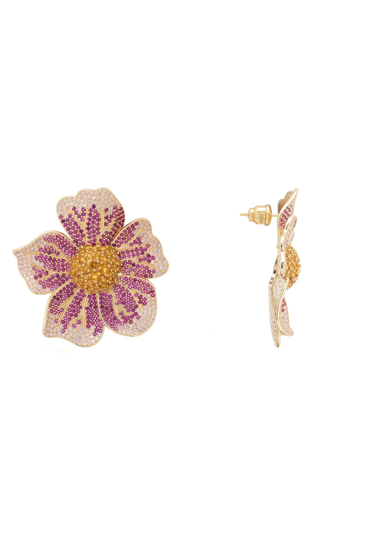 Pansy Flower Pink Earring Gold