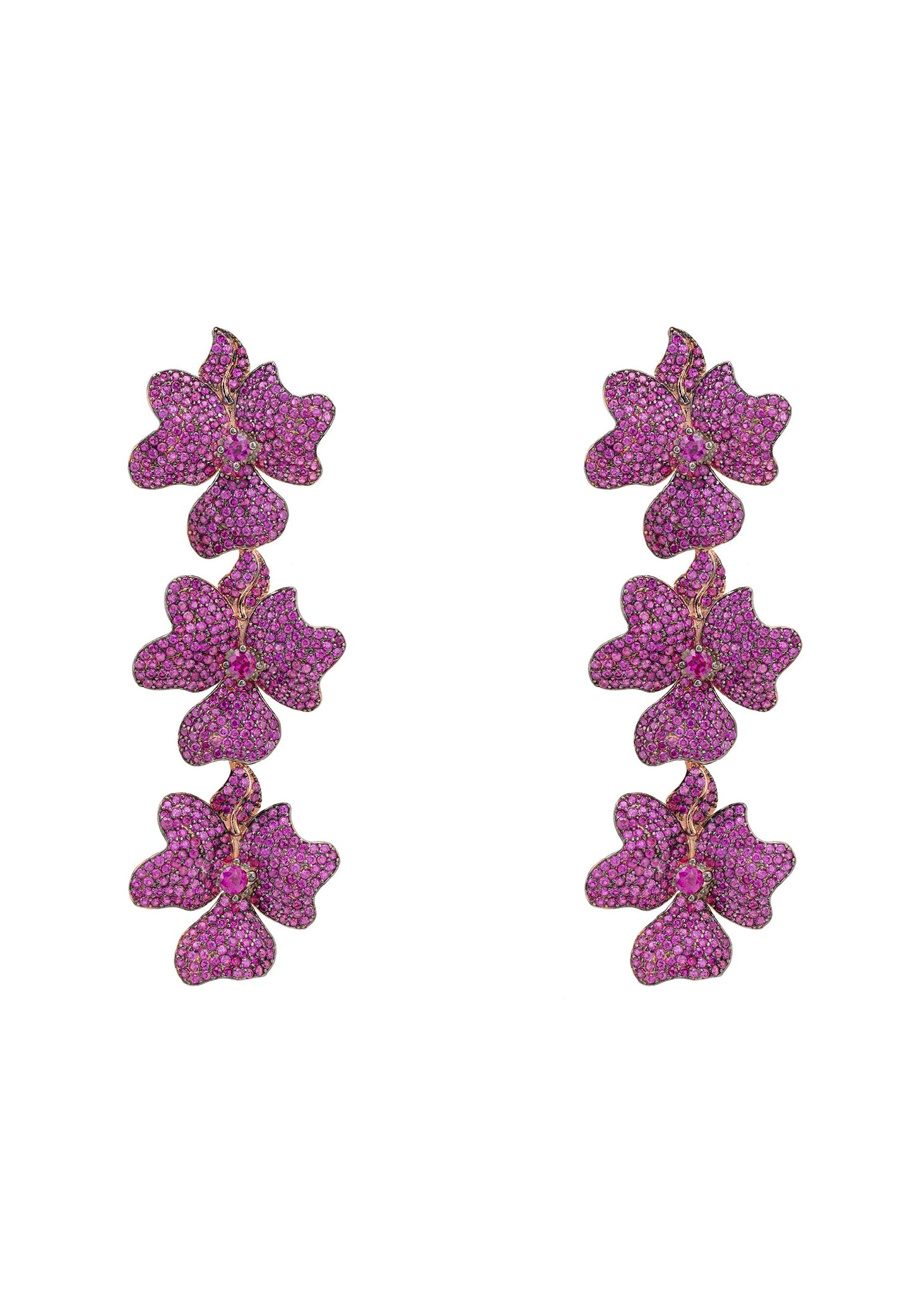 Jasmine Flower Triple Drop Earrings Rosegold Ruby