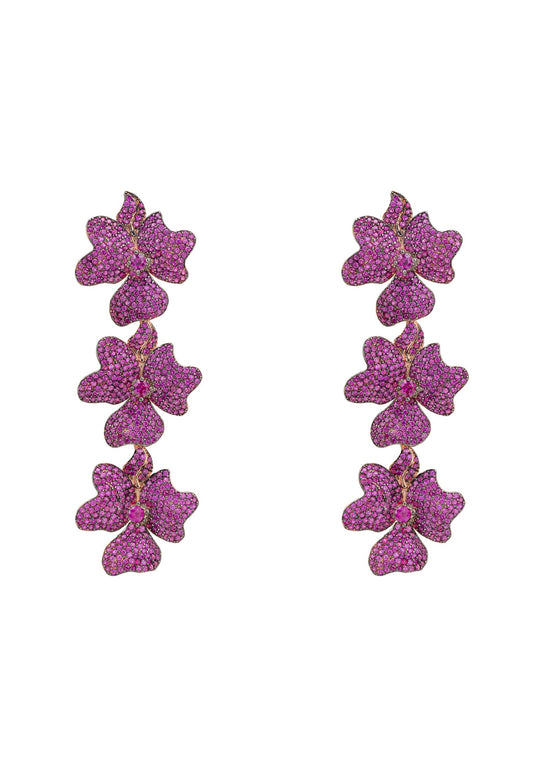 Jasmine Flower Triple Drop Earrings Rosegold Ruby