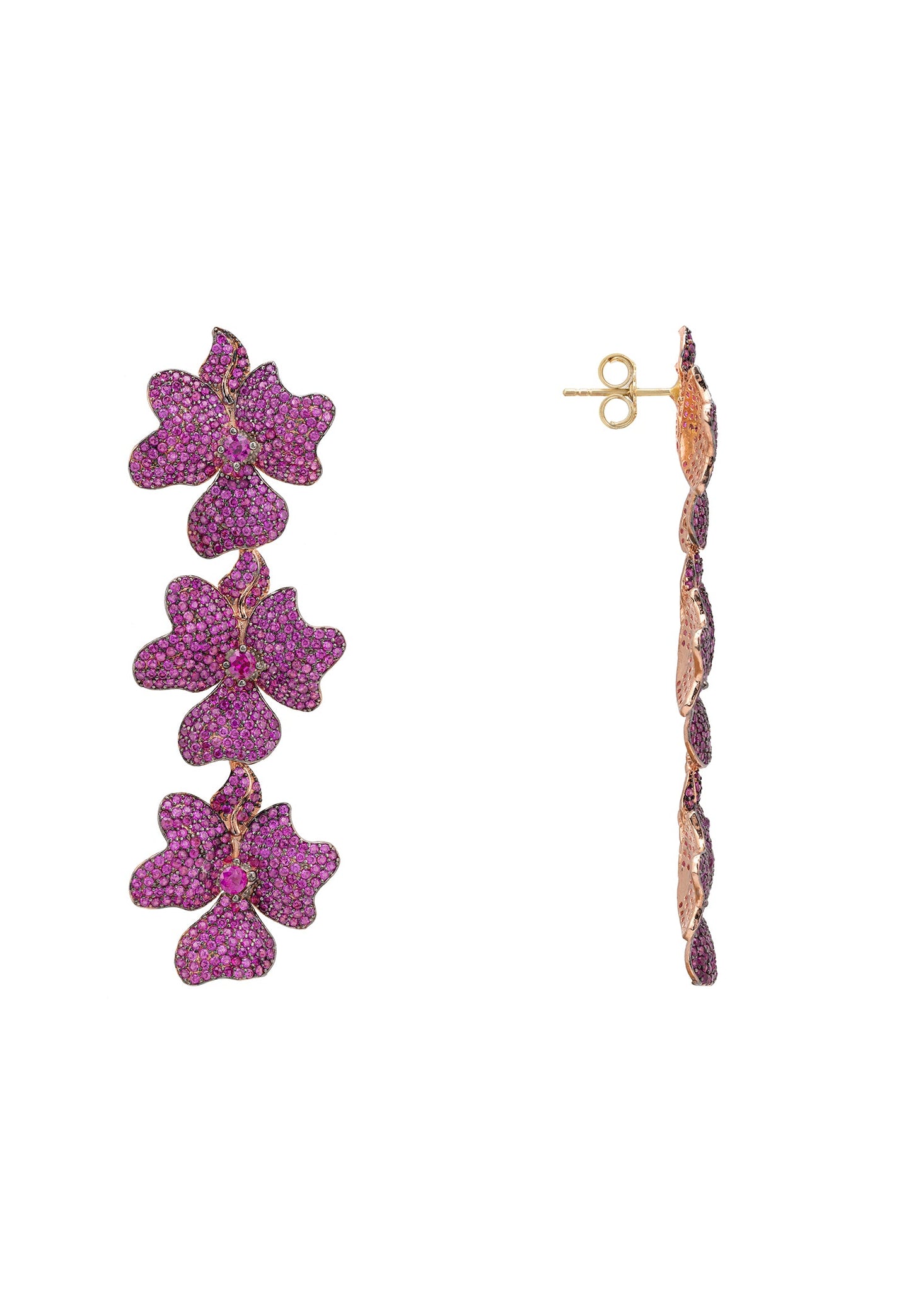 Jasmine Flower Triple Drop Earrings Rosegold Ruby