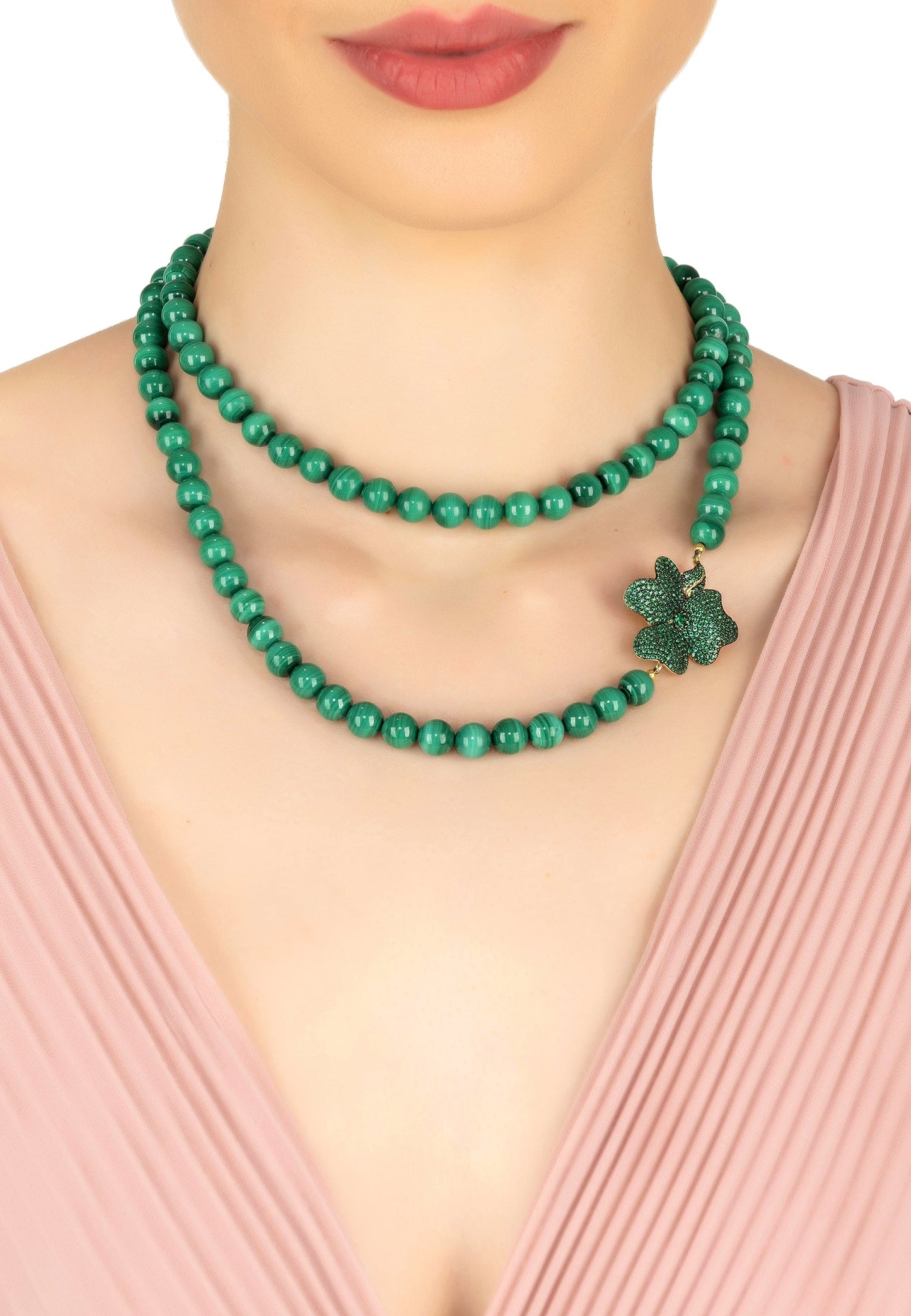 Flower Emerald Gemstone Long Necklace Gold