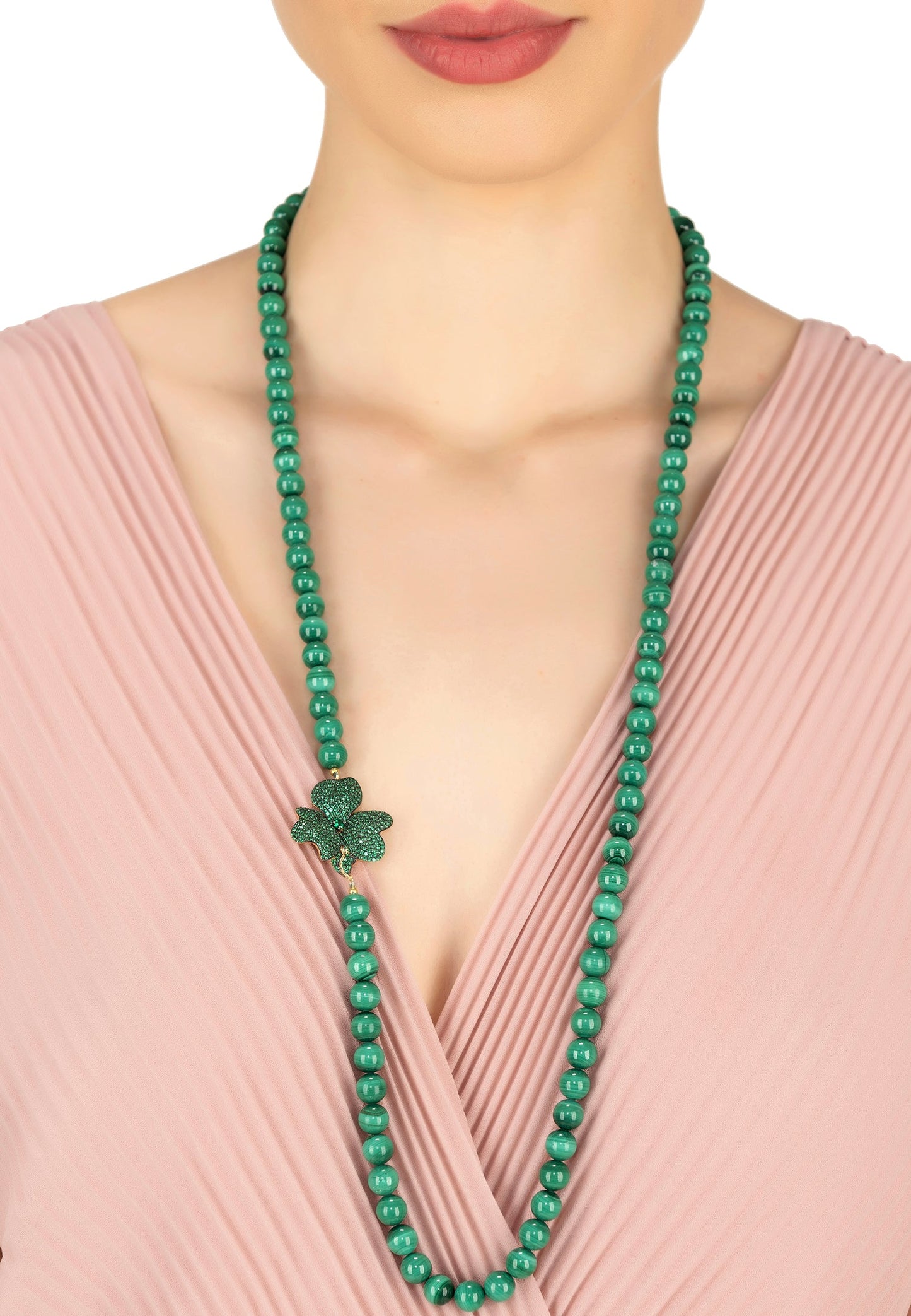 Flower Emerald Gemstone Long Necklace Gold