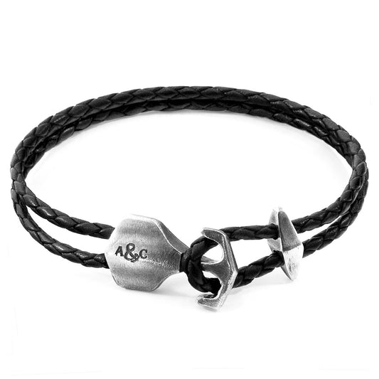 Coal Black Delta Anchor Silver & Leather Bracelet